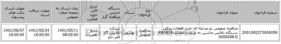 مناقصه، مناقصه عمومی دو مرحله ای خرید قطعات یدکی دستگاه بالانس ماشین به شماره تقاضایK40009-0000058-D