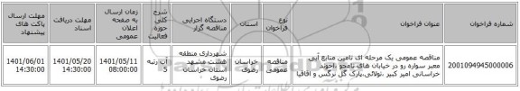 مناقصه، مناقصه عمومی یک مرحله ای تامین منابع آبی معبر سواره رو در خیابان های نامجو ،اخوند خراسانی امیر کبیر ،تولائی،پارک گل نرگس و اقاقیا