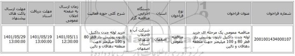 مناقصه، مناقصه عمومی یک مرحله ای خرید لوله چدن داکتیل تایتون پوشش دار قطر  80 و 100 میلیمتر جهت منطقه دهاقان و نائین