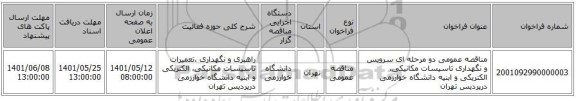 مناقصه، مناقصه عمومی دو مرحله ای سرویس و نگهداری تاسیسات مکانیکی، الکتریکی و ابنیه دانشگاه خوارزمی درپردیس تهران