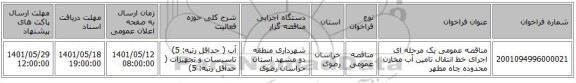 مناقصه، مناقصه عمومی یک مرحله ای اجرای خط انتقال تامین آب مخازن محدوده چاه مطهر