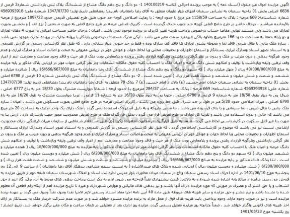 آگهی مزایده دو دانگ و پنج دهم دانگ مشاع از ششدانگ پلاک ثبتی بازداشتی شماره2 فرعی از 6836 اصلی بخش 01 