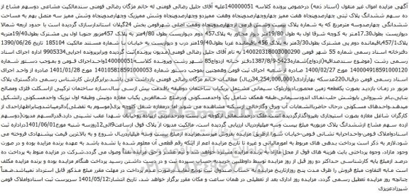 آگهی مزایده دوسهم مشاع از ده سهم ششدانگ پلاک ثبتی چهارصدوپنجاه هفت ممیز چهاروچهارصدوپنجاه وهفت ممیزدو وچهارصدوپنجاه وشش ممیزیک وچهارصدوپنجاه وشش