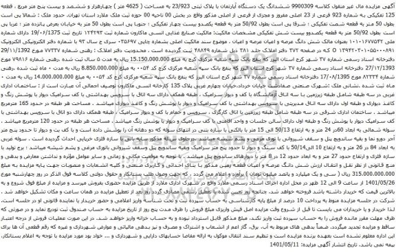 آگهی مزایده ششدانگ یک دستگاه آپارتمان با پلاک ثبتی 23/923 به مساحت ( 4625 متر ) چهارهزار و ششصد و بیست پنج متر مربع