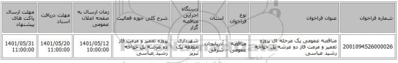 مناقصه، مناقصه عمومی یک مرحله ای پروژه تعمیر و مرمت فاز دو عرشه پل خواجه رشید عباسی