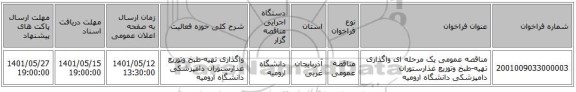 مناقصه، مناقصه عمومی یک مرحله ای واگذاری تهیه-طبخ وتوزیع غذارستوران دامپزشکی دانشگاه ارومیه