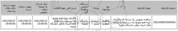 مناقصه، مناقصه عمومی یک مرحله ای واگذاری تهیه-طبخ وتوزیع غذا رستوران دانشکده های ادبیات وهنر دانشگاه ارومیه