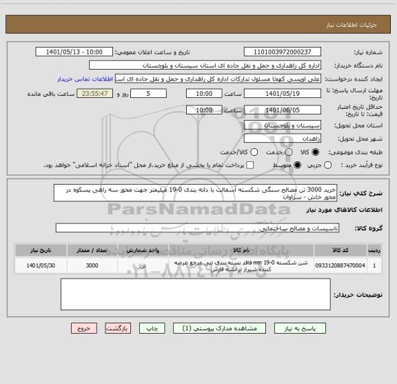 استعلام خرید 3000 تن مصالح سنگی شکسته آسفالت با دانه بندی 0-19 میلیمتر جهت محور سه راهی پسکوه در محور خاش - سراوان