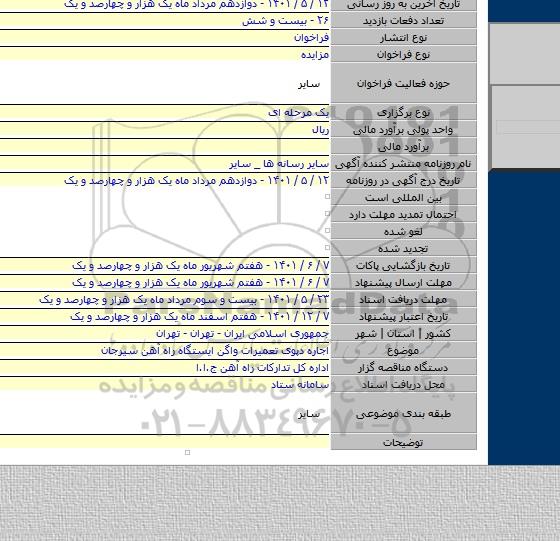 مزایده, اجاره دپوی تعمیرات واگن ایستگاه راه آهن سیرجان