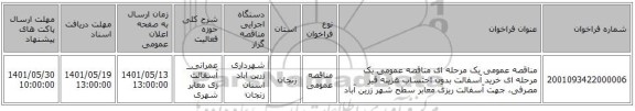 مناقصه، مناقصه عمومی یک مرحله ای مناقصه عمومی یک مرحله ای خرید آسفالت بدون احتساب هزینه قیر مصرفی، جهت آسفالت ریزی معابر سطح شهر زرین آباد