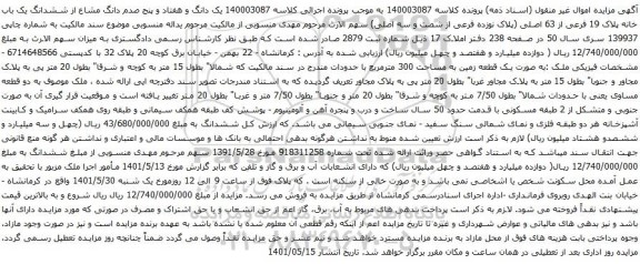 آگهی مزایده یک دانگ و هفتاد و پنج صدم دانگ مشاع از ششدانگ یک باب خانه پلاک 19 فرعی از 63 اصلی