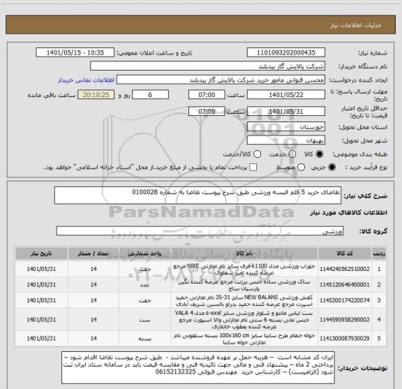 استعلام تقاضای خرید 5 قلم البسه ورزشی طبق شرح پیوست تقاضا به شماره 0100028