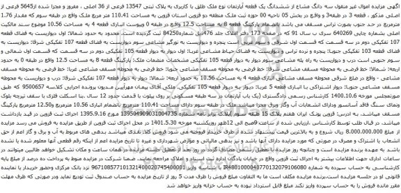 آگهی مزایده  سه دانگ مشاع از ششدانگ یک قطعه آپارتمان نوع ملک طلق با کاربری به پلاک ثبتی 13547 فرعی از 36 اصلی ، مفروز و مجزا شده از5645 فرعی از اصلی