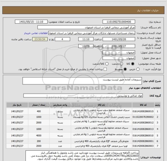 استعلام سبزیجات آماده طبق لیست پیوست