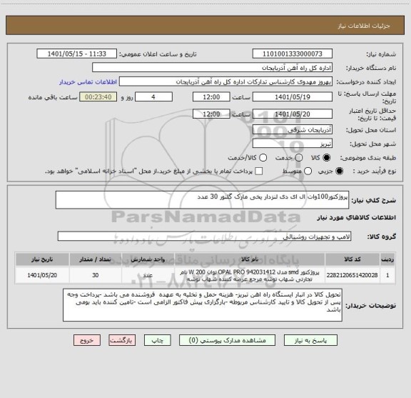 استعلام پروژکتور100وات ال ای دی لنزدار یخی مارک گلنور 30 عدد