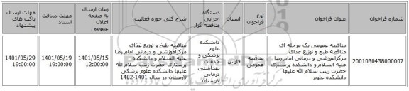 مناقصه، مناقصه عمومی یک مرحله ای مناقصه  طبخ و توزیع  غذای مرکزآموزشی و درمانی امام رضا علیه السلام و دانشکده پرستاری حضرت زینب سلام الله علیها  دانشکده علوم