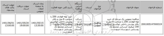 مناقصه، مناقصه عمومی یک مرحله ای خرید لوله فولادی 250 با ضخامت 6 میل و بالاتر پوشش داخلی اپوکسی ضخامت 150 میکرون آبرسانی مجتمع تک روستایی شهرستان مینودشت