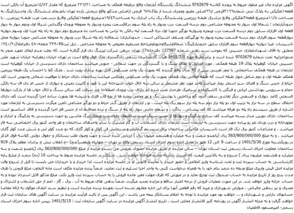 آگهی مزایده ششدانگ یکدستگاه آپارتمان واقع درطبقه همکف به مساحت ٢٢٦/٣١ مترمربع که مقدار ١٤/٨٣مترمربع