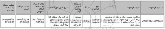 مناقصه، مناقصه عمومی یک مرحله ای پوشش بیمه آتش سوزی اموال منقول وغیرمنقول شرکت برق منطقه ای باختر در سیزده بخش مجزا