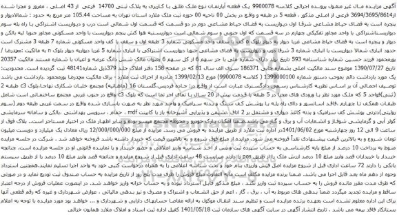 آگهی مزایده یک قطعه آپارتمان نوع ملک طلق با کاربری به پلاک ثبتی 14700 فرعی از 43 اصلی