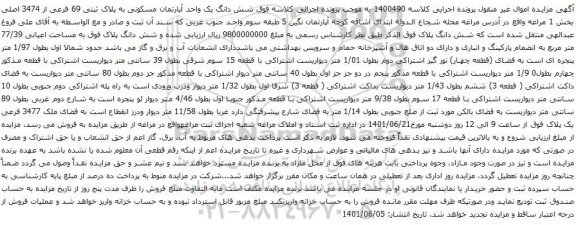 آگهی مزایده  شش دانگ یک واحد آپارتمان مسکونی به پلاک ثبتی 69 فرعی از 3474 اصلی