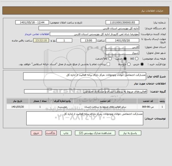 استعلام مشارکت اجتماعی جوانان ونوجوانان ،مرکز دارای پرانه فعالیت از اداره کل