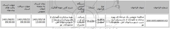 مناقصه، مناقصه عمومی یک مرحله ای بهره برداری و نگهداری از تاسیسات آب شرب شهرستانهای آمل، محمودآباد، نور