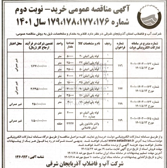 مناقصه لوله پلی اتیلن 20...- نوبت دوم 