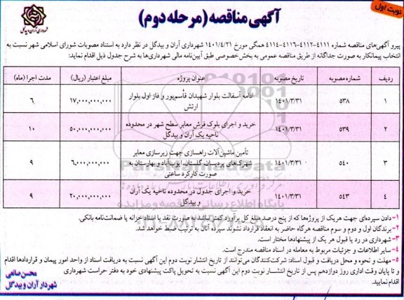 مناقصه خرید و اجرای بلوک فروش معابر سطح شهر و غیره ...