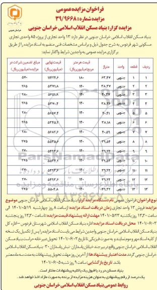 مزایده فروش واگذاری تعداد 13 واحد تجاری از پروزه 85 واحدی تجاری مسکونی شهر فردوس