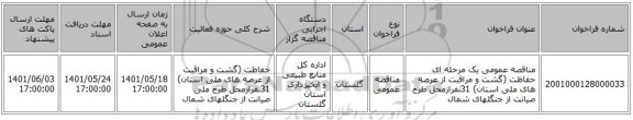 مناقصه، مناقصه عمومی یک مرحله ای حفاظت (گشت و مراقبت از عرصه های ملی استان) 31نفرازمحل طرح صیانت از جنگلهای شمال