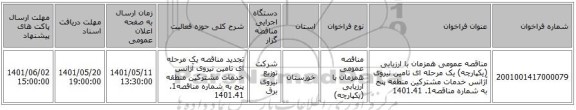 مناقصه، مناقصه عمومی همزمان با ارزیابی (یکپارچه) یک مرحله ای  تامین نیروی آژانس خدمات مشترکین منطقه پنج  به شماره مناقصه1. 1401.41