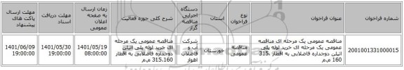 مناقصه، مناقصه عمومی یک مرحله ای مناقصه عمومی یک مرحله ای خرید لوله پلی اتیلن دوجداره فاضلابی به اقطار 315،160 م.م