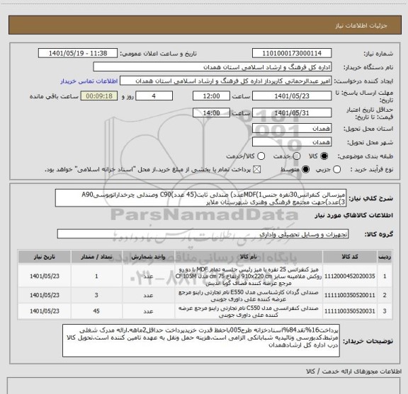 استعلام میزسالن کنفرانس30نفره جنسMDF(1عدد) صندلی ثابت(45 عدد)C90 وصندلی چرخداراتوبوسیA90 (3عدد)جهت مجتمع فرهنگی وهنری شهرستان ملایر