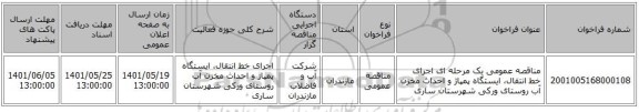 مناقصه، مناقصه عمومی یک مرحله ای اجرای خط انتقال، ایستگاه پمپاژ و احداث مخزن آب روستای ورکی شهرستان ساری