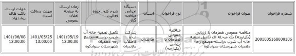 مناقصه، مناقصه عمومی همزمان با ارزیابی (یکپارچه) یک مرحله ای تکمیل تصفیه خانه آب شرب دراسله-مجتمع رجه دهمیان شهرستان سوادکوه