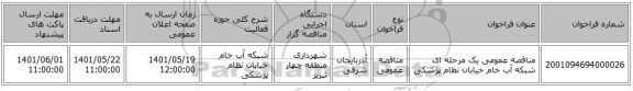 مناقصه، مناقصه عمومی یک مرحله ای شبکه آب خام خیابان نظام پزشکی