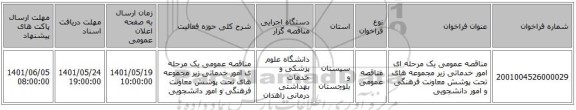 مناقصه، مناقصه عمومی یک مرحله ای امور خدماتی زیر مجموعه های تحت پوشش معاونت فرهنگی و امور دانشجویی