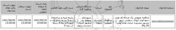 مناقصه، مناقصه عمومی یک مرحله ای طرح جمع آوری آبهای سطحی شهر مشهد محدوده خیابان های توس 30 و34