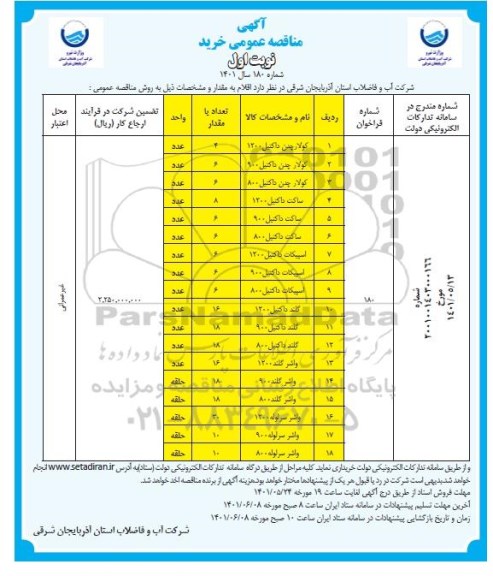 مناقصه عمومی خرید کولار جدن داکتیل 1200 و...