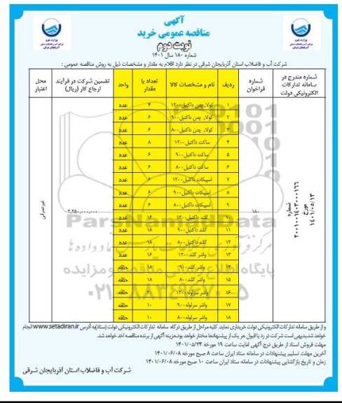 مناقصه کولار چدن داکتیل 1200... - نوبت دوم 