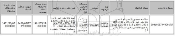 مناقصه، مناقصه عمومی یک مرحله ای خرید لوله پلی اتیلن 75 و 90 و 110 و 160 و 200 و 250 و 315 و 355 م.م مربوط به طرح های آبرسانی استان  ( بخش 1 )