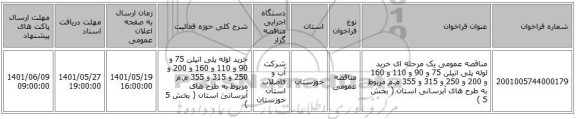 مناقصه، مناقصه عمومی یک مرحله ای خرید لوله پلی اتیلن 75 و 90 و 110 و 160 و 200 و 250 و 315 و 355 م.م مربوط به طرح های آبرسانی استان  ( بخش 5  )