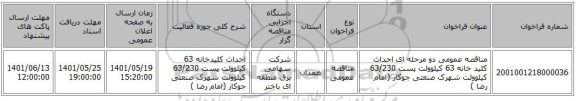 مناقصه، مناقصه عمومی دو مرحله ای احداث کلید خانه 63 کیلوولت پست 63/230 کیلوولت شهرک صنعتی جوکار (امام رضا )