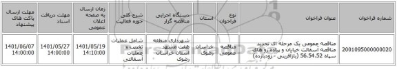 مناقصه، مناقصه عمومی یک مرحله ای تجدید مناقصه آسفالت خیابان و پیاده رو های سپاه 56،54،52 (بازآفرینی - زودبازده)