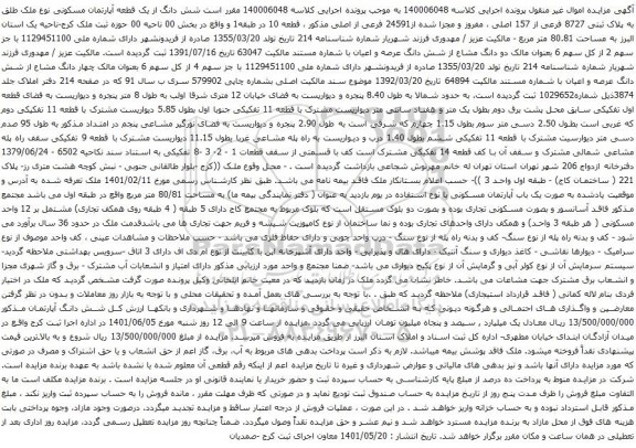 آگهی مزایده شش دانگ از یک قطعه آپارتمان مسکونی نوع ملک طلق به پلاک ثبتی 8727 فرعی از 157 اصلی