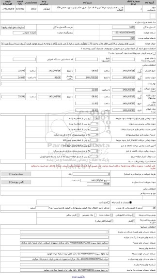 مزایده ، چسب های پلیمری در 9 کارتن فاقد مارک به وزن 179 کیلوگرم. بازدید در انبار 2 می باشد (کالا با توجه به شرایط موجود قیمت گذا