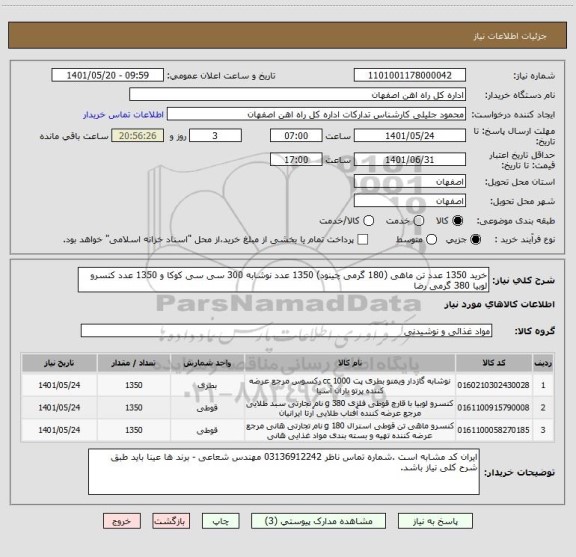 استعلام خرید 1350 عدد تن ماهی (180 گرمی چینود) 1350 عدد نوشابه 300 سی سی کوکا و 1350 عدد کنسرو لوبیا 380 گرمی رضا