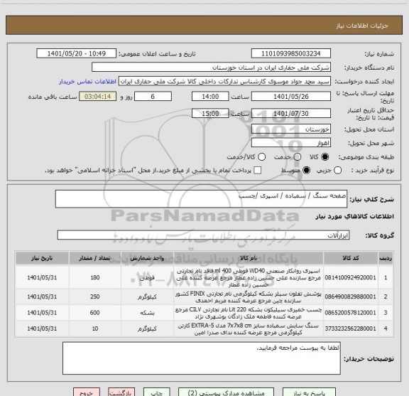 استعلام صفحه سنگ / سمباده / اسپری /چسب