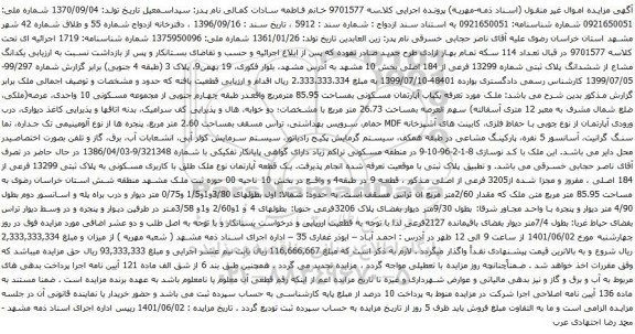 آگهی مزایده یکدانگ مشاع از ششدانگ پلاک ثبتی شماره 13299 فرعی از 184 اصلی بخش 10 مشهد